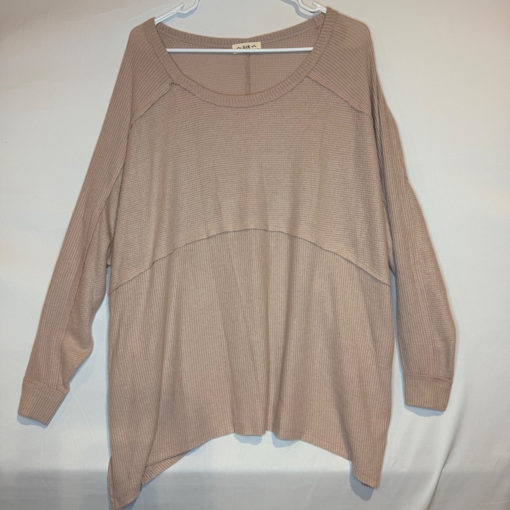 BAM Womens Waffle Knit Ribbed Tunic Top Dusty Rose Pink Oversized Medium